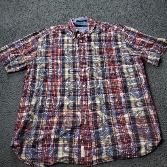 Tommy Hilfiger Plaid Button Shirt Mens L Large Short Sleeve Multicolor - Picture 1 of 7